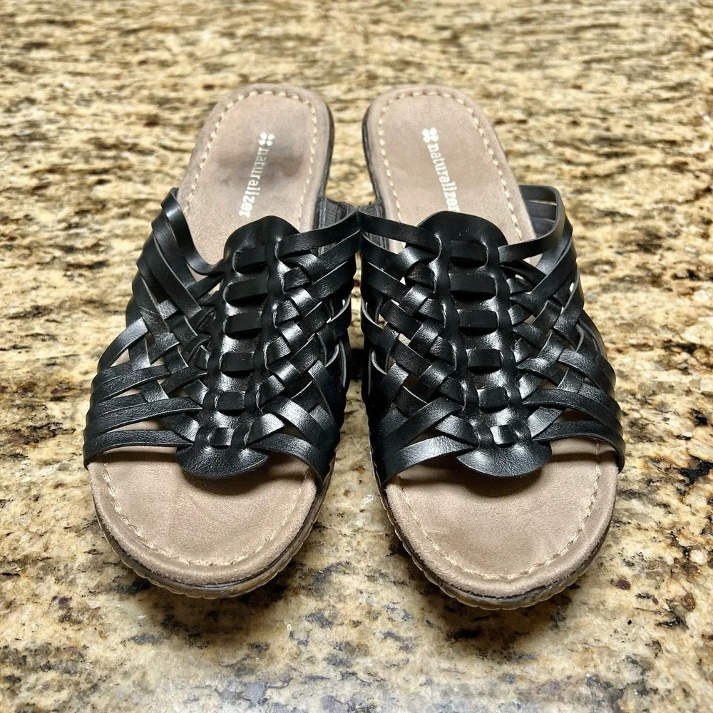 Naturalizer Black‎ Leather Woven Wedge Sandals Slides Comfortable Shoes - Picture 3 of 7